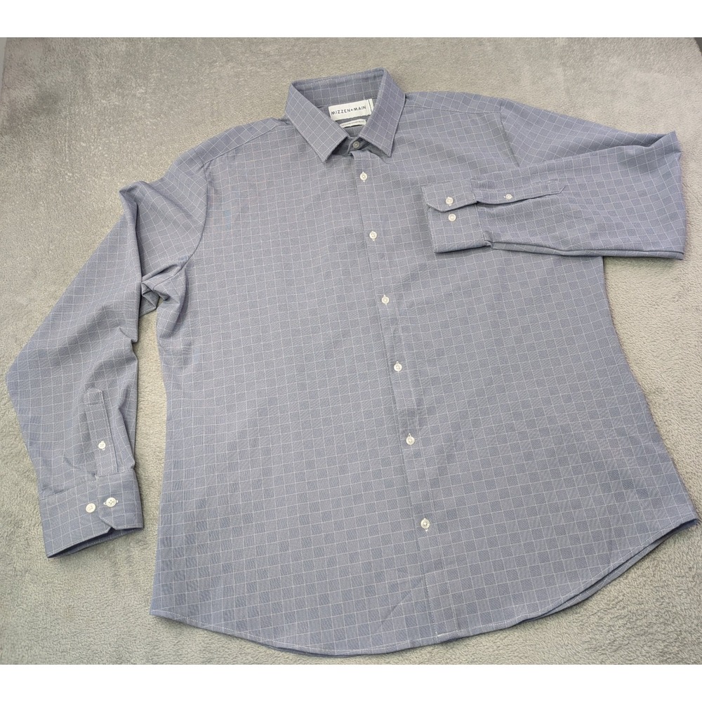 MIZZEN+MAIN Mens XX LARGE Leeward Standard Fit Blue Gray Check Dress Shirt - Picture 2 of 10